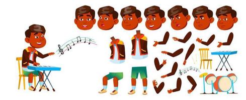 Indian Boy Boy Kindergarten Kid Vector. Animation Creation Set. Face Emotions, Gestures. Kiddy. Drums, Performance, Show, Artist. Announcement, Cover Design. Animated. Cartoon Illustration vector