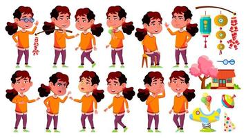 Asian Girl Kindergarten Kid Poses Set Vector. Little Child. Funny Toy. Lifestyle. For Advertising, Placard, Print Design. Isolated Cartoon Illustration vector