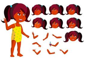 Indian Girl, Child Vector. Joy. Hindu In Water Park. Summer Vacation. Face Emotions, Various Gestures. Animation Creation Set. Flat Cartoon Character Illustration vector