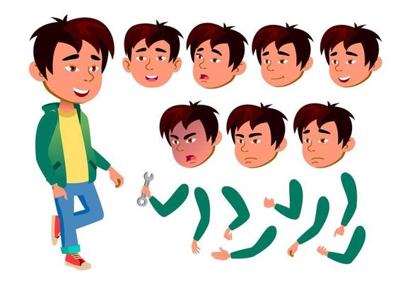 Asian Teen Boy Vector. Teenager. Emotional, Pose. Face Emotions, Various Gestures. Animation Creation Set. Isolated Flat Cartoon Character Illustration