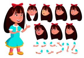 Asian Girl, Child, Kid Vector. Face Emotions, Various Gestures. Animation Creation Set. Isolated Flat Cartoon Character Illustration