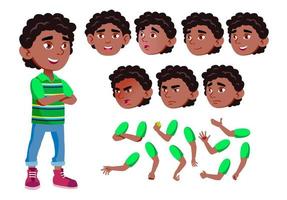 Black, Afro American Boy, Child, Kid, Teen Vector. Joy. Comic. Face Emotions, Various Gestures. Animation Creation Set. Isolated Flat Cartoon Character Illustration vector