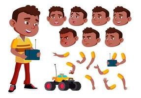 Black, Afro American Boy, Child, Kid Vector. Young. Face Emotions, Various Gestures. Animation Creation Set. Isolated Flat Cartoon Illustration