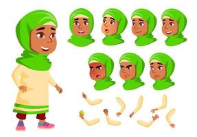 árabe, chica musulmana, niño, niño, vector adolescente. alumno alegre. enfrentar emociones, varios gestos. conjunto de creación de animación. ilustración de personaje de dibujos animados plano aislado
