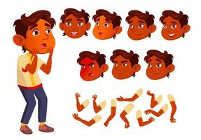 Indian Boy, Child, Kid, Teen Vector. Smile. Cute. Happiness Enjoyment. Face Emotions, Various Gestures. Animation Creation Set. Isolated Flat Cartoon Character Illustration vector