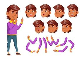 Arab, Muslim Teen Boy Vector. Teenager. Adult People. Casual. Face Emotions, Various Gestures. Animation Creation Set. Isolated Flat Cartoon Character Illustration vector