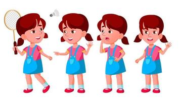 Girl Kindergarten Kid Poses Set Vector. Baby Expression. Preschooler. Life. For Postcard, Announcement, Cover Design. Isolated Cartoon Illustration vector