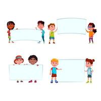 Kids Boys And Girls With Blank Banners Set Vector