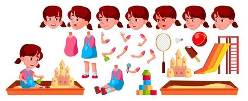 Girl Kindergarten Kid Vector. Animation Creation Set. Face Emotions, Gestures. Caucasian Child Expression. Activity. For Web, Poster, Booklet Design. Animated. Isolated Cartoon Illustration vector