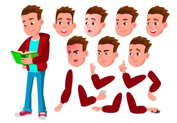 Boy, Child, Kid, Teen Vector. Beautiful. Youth, Caucasian. Face Emotions, Various Gestures. Animation Creation Set. Isolated Flat Cartoon Character Illustration