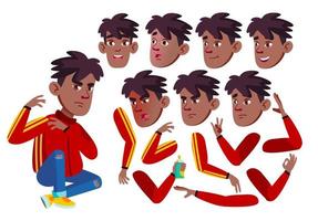 Teen Boy Vector. Rap Battle Singer Teenager. Black. Afro American. Friendly, Cheer. Face Emotions, Various Gestures. Animation Creation Set. Isolated Flat Cartoon Character Illustration vector