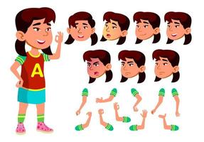 Asian Girl, Child, Kid, Teen Vector. Schoolchild. Face Emotions, Various Gestures. Animation Creation Set. Isolated Flat Cartoon Character Illustration vector