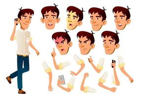 Asian Teen Boy Vector. Teenager. Leisure, Smile. Face Emotions, Various Gestures. Animation Creation Set. Isolated Flat Cartoon Character Illustration vector