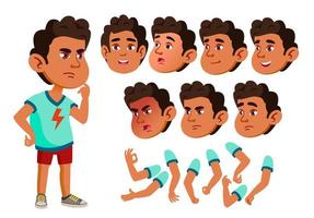 Arab, Muslim Boy, Child, Kid, Teen Vector. Active Cute. Cheer, Pretty. Face Emotions, Various Gestures. Animation Creation Set. Isolated Flat Cartoon Character Illustration vector