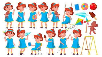 Girl Kindergarten Kid Poses Set Vector. Happy Children Character. Babysitting. For Advertisement, Greeting, Announcement Design. Isolated Cartoon Illustration vector