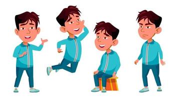 Asian Boy Kindergarten Kid Poses Set Vector. Pretty Positive Baby. Leisure. For Postcard, Announcement, Cover Design.Isolated Cartoon Illustration vector