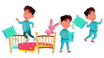 Asian Boy Kindergarten Kid Poses Set Vector. Preschool. Sleep, Bedroom. Pillow,Toy. Young Positive Person. Beauty. For Banner, Flyer, Brochure Design. Isolated Cartoon Illustration vector
