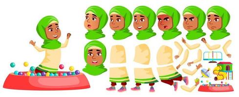 Arab, Muslim Girl Kindergarten Kid Vector. Animation Creation Set. Face Emotions, Gestures. Preschool, Childhood. Friend. For Banner, Flyer, Brochure Design. Animated. Isolated Cartoon Illustration vector