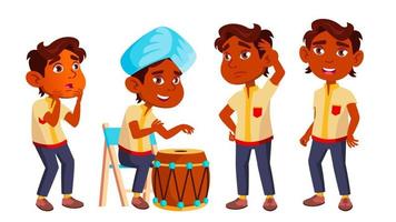 Indian Boy Kindergarten Kid Poses Set Vector. Emotional Character Playing. Playground. For Presentation, Invitation, Card Design. Isolated Cartoon Illustration vector