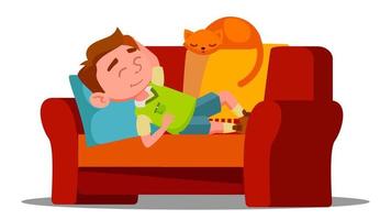 Tired Little Boy Sleeping On The Couch Next To Sleeping Cat Vector. Isolated Illustration vector