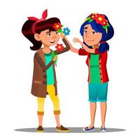 Two Asian Girls Decorate Themselves With Flowers For Festival Of Spring And Flowers Vector. Isolated Illustration vector