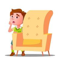Frightened Little Boy Looks Out From Behind The Armchair Vector. Isolated Illustration vector