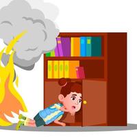 Kid Girl Climbs Into Cabinet Shelf Clothes To Hide From Smoke And Fire Vector. Isolated Illustration