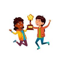 Girls Children Jumping With Trophy Cup Vector