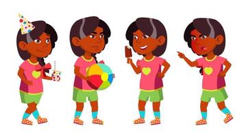 Girl Kindergarten Kid Poses Set Vector. Indian, Hindu. Asian. Pretty Positive Baby. Leisure. Playground. For Postcard, Announcement, Cover Design.Isolated Cartoon Illustration vector