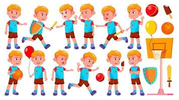 Boy Kindergarten Kid Poses Set Vector. Happy Children Character. Babysitting. For Advertisement, Greeting, Announcement Design. Isolated Cartoon Illustration vector