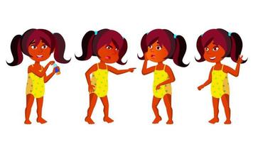 Indian Girl Kindergarten Kid Poses Set Vector. Hindu. Kiddy, Child Expression. Undressed. Summer Vacation. Beach, Pool, Water Park. For Postcard, Cover, Placard Design. Isolated Cartoon Illustration