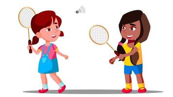 Children Playing Badminton On The Playground In Summer Vector. Girls. Isolated Illustration vector