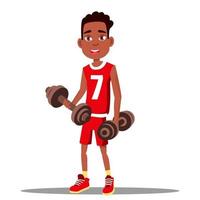 Little Boy Is Exercising With A Dumbbell In His Hands Vector. Sport. Healthy. Isolated Illustration vector