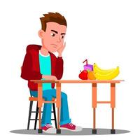 Sad Child At The Table With Food Refuses To Eat Vector. Isolated Illustration vector