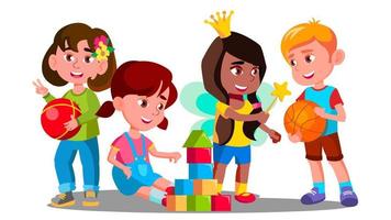 Group Of Children Playing With Colorful Toys On The Floor Vector. Isolated Illustration vector