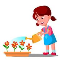 Little Girl Watering Flowers Vector. Help. Isolated Illustration vector