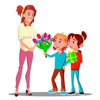 Children Give Flowers And Gifts To Mother Vector. Present, Gift. Isolated Illustration vector