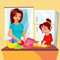 Little Girl Helping Mother In The Kitchen Vector. Lunch Box. Isolated Illustration vector