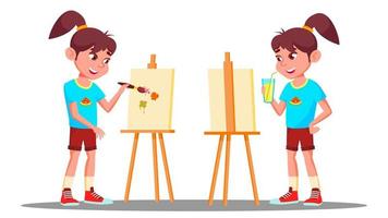 Little Girl Drawing On The Easel With Colored Paints Vector. Artist. Isolated Illustration vector