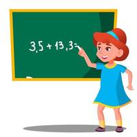 Schoolgirl Solves A Mathematical Problem At The Blackboard Vector. Isolated Illustration vector