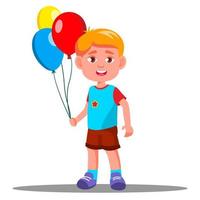 niño feliz con globos de colores en el vector de las manos. ilustración aislada