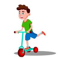 Active Little Boy Is Riding A Scooter Vector. Isolated Illustration vector