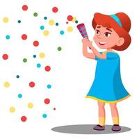 Girl Child Throw Colored Confetti At The Carnival Party Vector. Isolated Illustration vector