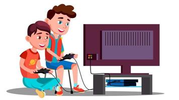 Two Children Boy Play A Video Game Vector. Isolated Illustration vector