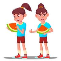 Little Girl Eating A Large Slice Of Watermelon Vector. Isolated Illustration vector