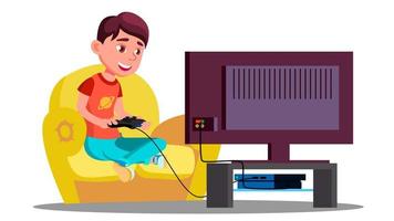 Little Boy Playing Video Games On The Couch Vector. Isolated Illustration vector