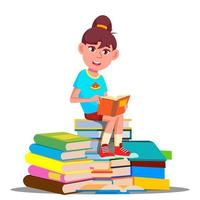 Little Girl Sitting On Top Of A Pile Of Books Vector. Isolated Illustration vector