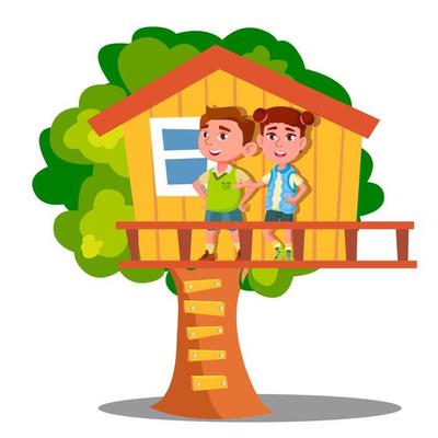 Boy And Girl Kid Playing On Tree House Vector. Isolated Illustration