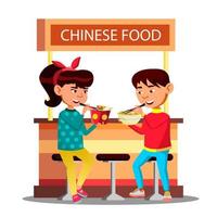 Asian Kids Boy And Girl Eating With Chopsticks Sitting On Cafe Vector. Isolated Illustration vector