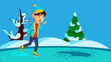 Scared Little Boy Skating On Broken Ice Of The River Vector. Isolated Illustration vector